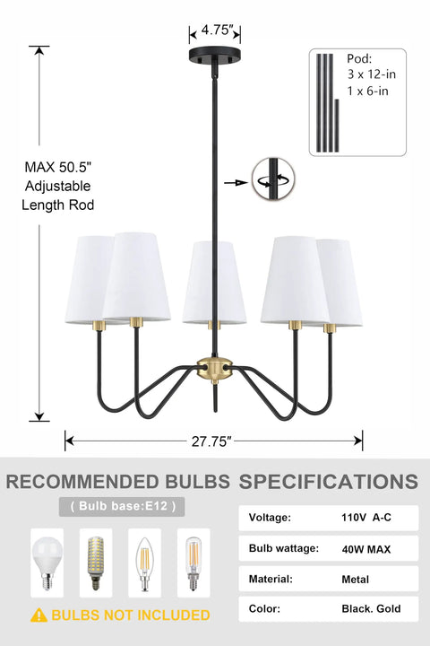 Dimensions and specifications of 5 Light Gold Linear Chandelier With Brushed Bronze Black Finish And White Linen Shades For Kitchen Island Foyer.