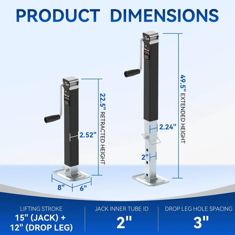 8000 Lbs Square Trailer Jack With 15 Inch Lift And 12 Inch Adjustable Drop Leg Heavy Duty Weld On Mount with measurement details