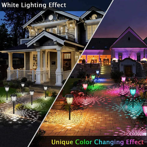 8 Pack Solar Pathway Lights With Warm White And 7 Color Changing Modes illuminating garden and walkway at night
