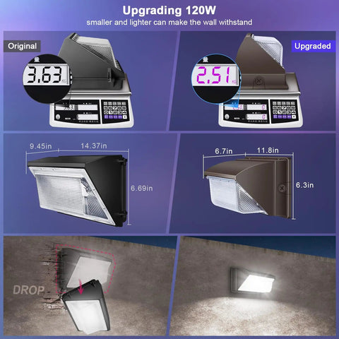 Comparison of original and upgraded Powerful 4 Pack 120W LED Wall Pack Lights Outdoor Waterproof Wall Mount Security Lighting 5000K 15600 Lumens
