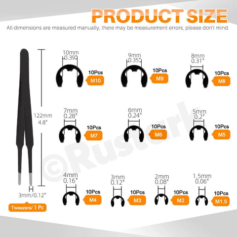 All in One 4 in 1 Snap Ring Pliers Set With E Clip And C Clip Retaining Rings Kit 312 Piece Includes M1.5 To M10 E Clips And M4 To M28 C Clips Plus Tweezers For Auto DIY And Handyman Projects size chart with dimensions and quantities.