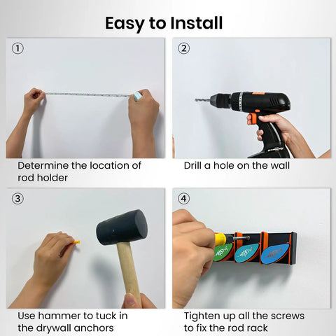 "Easy installation steps for Two Pack Wall Mounted Fishing Rod Rack Organizer For Garage, Adjustable Grip Holders."