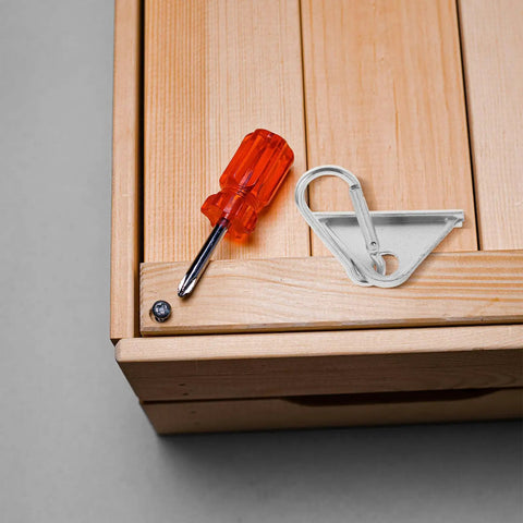 Top Notch Silver Aluminum Triangle Sliding Hooks For T Slot Tracks on wooden surface with screwdriver and screw.