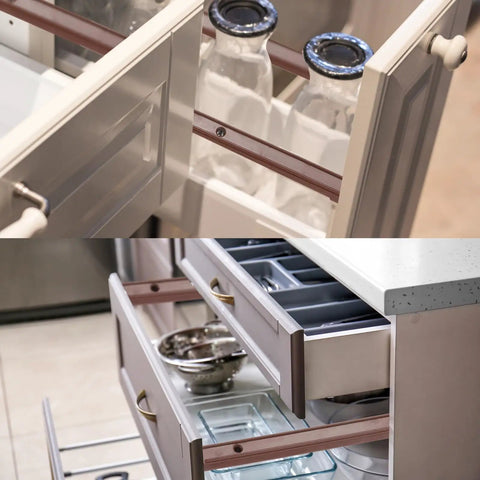 Top Shelf 12 Inch Side Mounted Plastic Drawer Slides With Mounting Screws Smooth Glide Cabinet Guide Rails Brown 8 Piece Kit shown in kitchen drawers.