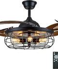 48 Inch Retractable Fandelier Ceiling Fan With Industrial Cage, Remote Control, Vintage Farmhouse Vibe, Dope 5 Lights, 3 Blades