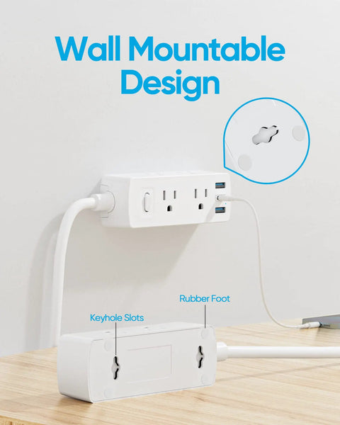 Wall-mounted ultra slim power strip with five foot extension cord, six outlets, two USB A ports, and one USB C port, white.