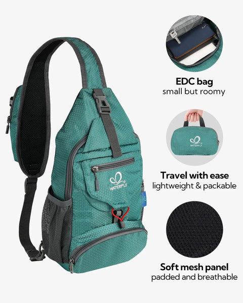 Green Packable Small Crossbody Sling Backpack for Hiking and Travel, Lightweight Water Resistant Daypack with pockets and mesh panel