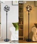 Globe Industrial Floor Lamp With Dimmable On Off Switch, Rustic Spherical Standing Light For Office, Living Room, Reading And Bedroom, 40W Retro Torchiere Tall Vintage Pole Lamp For Cozy Vibe shown in day and night settings
