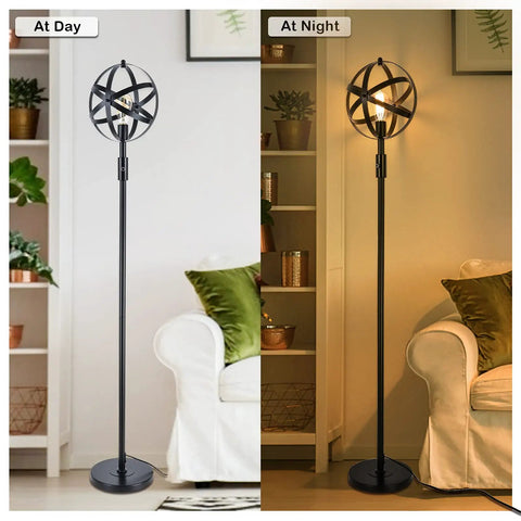 Globe Industrial Floor Lamp With Dimmable On Off Switch, Rustic Spherical Standing Light For Office, Living Room, Reading And Bedroom, 40W Retro Torchiere Tall Vintage Pole Lamp For Cozy Vibe shown in day and night settings