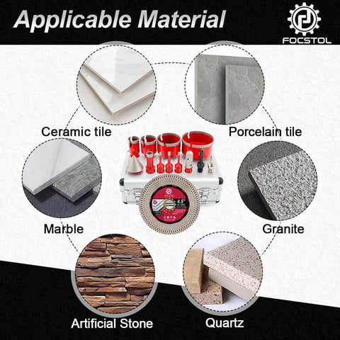 Front view of 13-piece Diamond Tile Hole Saw Kit in red case with diamond core bits for porcelain, ceramic, marble.
