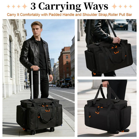 Man using black Rolling DJ Cable Bag With Laptop Pocket And Microphone Pocket Gear Case with wheels and handles on street