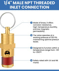 Front view of 1/4 in NPT brass safety valve with ring, tank pop-off for air compressors
