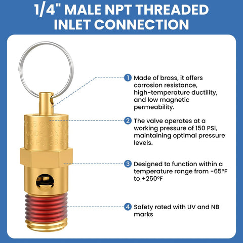 Front view of 1/4 in NPT brass safety valve with ring, tank pop-off for air compressors
