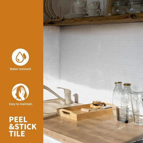 Modern kitchen backsplash with Thick 3.3mm Peel And Stick 12x12 White Subway Tile Backsplash Sheets Self Adhesive Heavy Duty