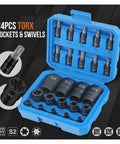 Heavy Duty 24pc Torx And E-Torx Socket Set With 1 4 Inch 3 8 Inch And 1 2 Inch Drive Sizes Including Female Star Bits For Impact Guns To Crush Rusty Bolts Without Breaking A Sweat. Open blue case with T and E Torx sockets, chrome vanadium.