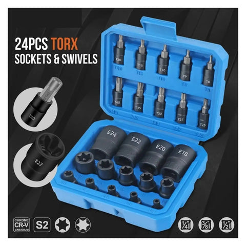 Heavy Duty 24pc Torx And E-Torx Socket Set With 1 4 Inch 3 8 Inch And 1 2 Inch Drive Sizes Including Female Star Bits For Impact Guns To Crush Rusty Bolts Without Breaking A Sweat. Open blue case with T and E Torx sockets, chrome vanadium.