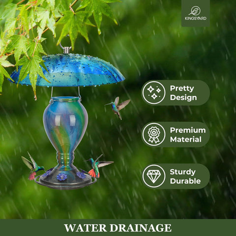 Weather Guard Dome Cover For Hanging Bird Feeders Rainproof And Easy To Clean 11.5 Inch Wide Shield Keeps Seeds Dry And Rot Free Durable Plastic Protection Against Rain Snow Debris Blue in garden setting.