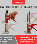 Instructions on using Herron 2 Pack Labor Saving Arm Jacks with ergonomic handle for lifting and lowering furniture.