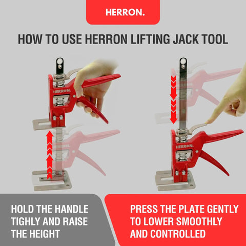 Instructions on using Herron 2 Pack Labor Saving Arm Jacks with ergonomic handle for lifting and lowering furniture.