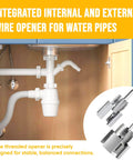Dual Function Pipe Threading Tool Kit 2 In 1 Internal And External Threading For PVC Pipes One Half Inch And Three Quarters Inch, Electric Drill Compatible, Two Piece Set, Quick Accurate Threading Without Tool Switching shown under a kitchen sink installation.