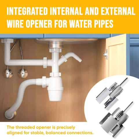 Dual Function Pipe Threading Tool Kit 2 In 1 Internal And External Threading For PVC Pipes One Half Inch And Three Quarters Inch, Electric Drill Compatible, Two Piece Set, Quick Accurate Threading Without Tool Switching shown under a kitchen sink installation.