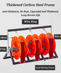 Multi-Spool Wire Rack Dispenser for Electricians with stainless steel frame, labeled components, four red spools, side view.