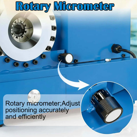 Close-up of a rotary micrometer on the Onsite Ready 10-31mm Hose Crimping Tool With 70 MPa Pressure, 600W Power, Automatic Crimp Press, 8 Die Set.