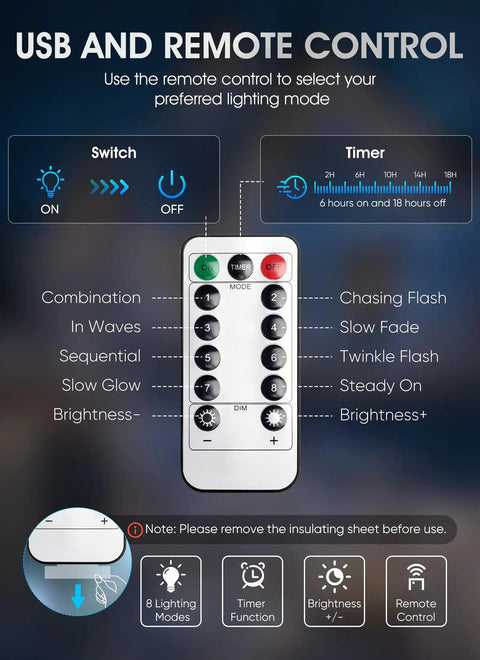 Remote control for USB Fairy Lights 66 Feet With 200 LEDs Remote Control And Timer Waterproof 8 Modes For Indoor Outdoor Decor
