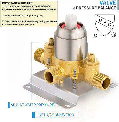 4-Way Tub and Shower Faucet Set With Rough-In Valve Included, brass pressure balance valve, UPC cUPC certification label visible.