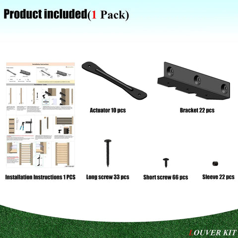 Heavy Duty Tough As Nails Steel Louver Pergola Kit With Powder Coated Brackets And Actuators For Deck Sunblind System includes 22 brackets, 10 actuators, screws, sleeves, and instructions.
