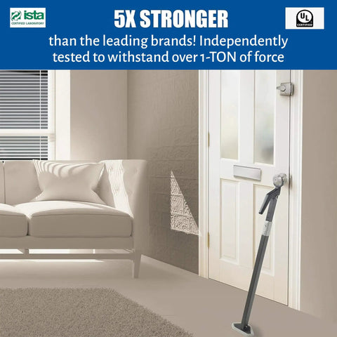 Heavy Duty Door Security Bar With One Ton Strength, Adjustable Aluminum Jammer installed on white inward-opening door