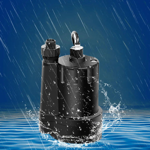 No Hassle Submersible Utility Pump Moves Water Like A Champ With Strong 1/5 Hp Motor in water with splash effect, black thermoplastic shell.