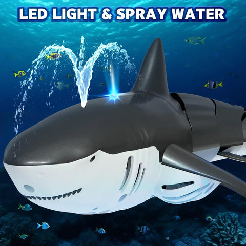 Remote Control Shark Pool Toy For Kids With Lights And Water Spray 2.4GHz, showing LED lights and water spray underwater