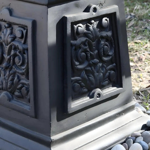 Base of the 9.5 Ft Five Arm Victorian Outdoor Post Light in Black Finish with decorative detailing and access panel.