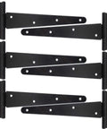 Heavy Duty Tee Hinge Set 6 Pack 10 Inch Rustproof Black Finish T Strap Hinges displayed on white background.