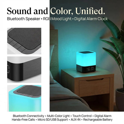 Five In One Night Light Bluetooth Speaker Alarm Clock MP3 Player With Touch Sensor LED Lamp on bedside table.