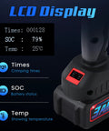 LCD display of Heavy Duty Rechargeable Electric Hydraulic Cable Lug Crimper for 8AWG to 800MCM showing battery status and temperature.