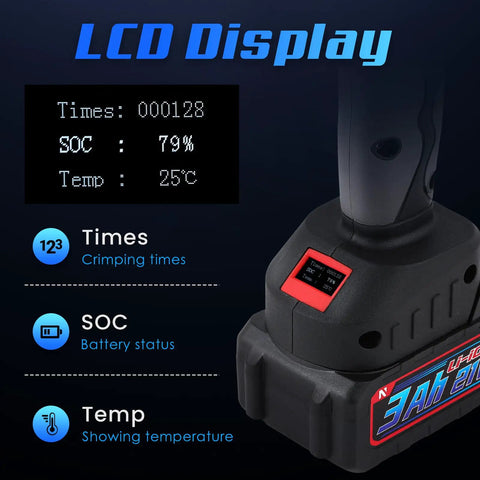 LCD display of Heavy Duty Rechargeable Electric Hydraulic Cable Lug Crimper for 8AWG to 800MCM showing battery status and temperature.