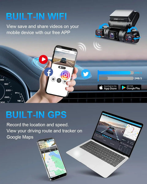 360 Degree Four Channel Dash Cam with Built-in WiFi and GPS shown with smartphone and laptop integration features