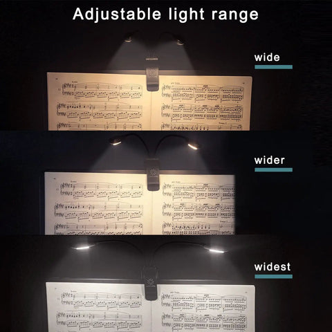 Dual Heads Rechargeable Clip On Book Light With 180 Degree Adjustable Arms illuminating sheet music in three light ranges
