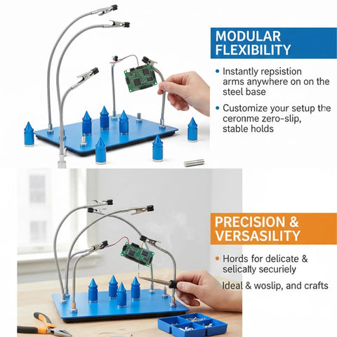Six Flexible Arms Magnetic Soldering Station With PCB Holders and Third Hand Tool for precise electronic repair.