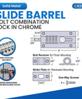 Infographic of CB2000-CHR Sliding Lock Combination Bolt with keyless security, chrome finish, highlighting measurements and components