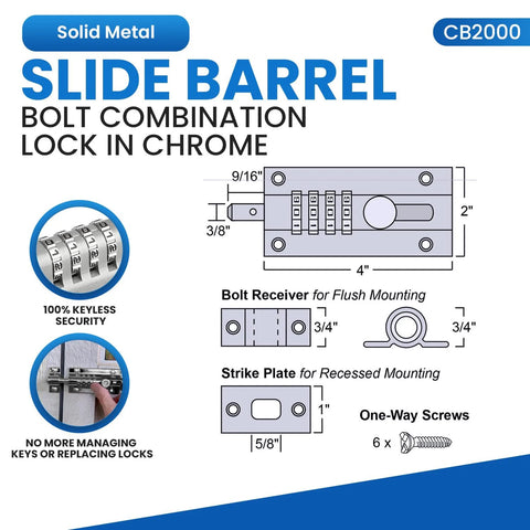 Infographic of CB2000-CHR Sliding Lock Combination Bolt with keyless security, chrome finish, highlighting measurements and components