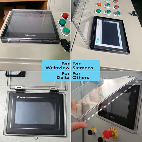 Industrial 7 Inch HMI Panel Protective Cover on various control panels showcasing compatibility and high transparency