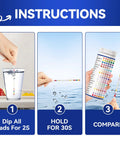 Instructions for using 21-In-1 Water Test Strips 125 Count, showing dipping, holding, and comparing pads.