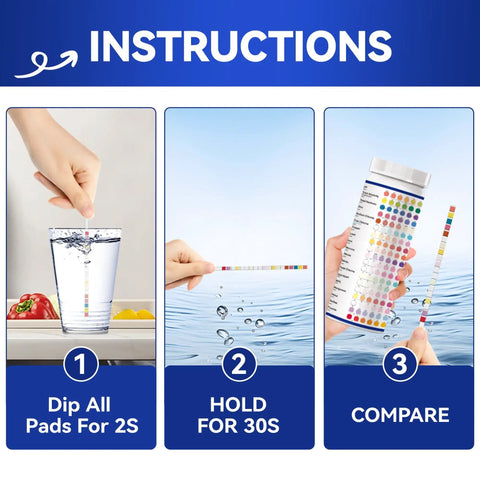 Instructions for using 21-In-1 Water Test Strips 125 Count, showing dipping, holding, and comparing pads.