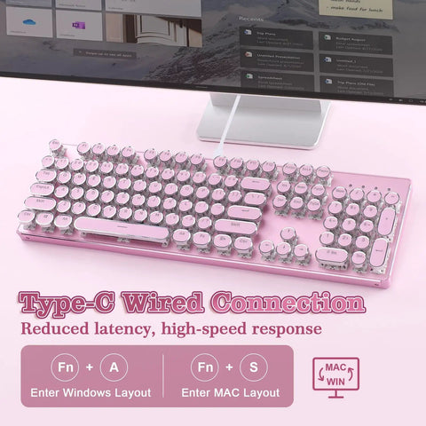Pink Retro Mechanical Gaming Keyboard Boss Level Design Featuring Classic Typewriter Layout And Solid Steel Chassis Delivers snappy click feel and Type-C connection.