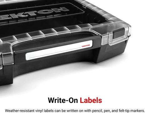 Close-up of Six-Drawer Rolling Stack With Tool Box And L-BOXX 2 Trays with write-on labels, showing durable storage feature.
