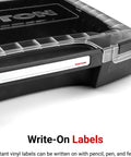 Close-up of a clear lid tool organizer with write-on label for easy identification, part of Six Drawer Rolling Tool Storage Cart With Shallow Toolbox and Organizer Bins for Garage or Shop Mobile Organization Easy Access and Durable Construction.