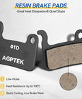 High Performance Mountain Bike Disc Brake Pad Set with Quiet Resin and Brass Fiber, displayed with heat dissipation details.